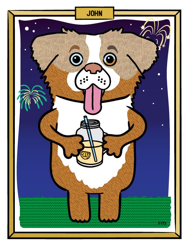 Cute digital illustration of John the Australian Shepherd sipping some lemonade and enjoying the fireworks. 