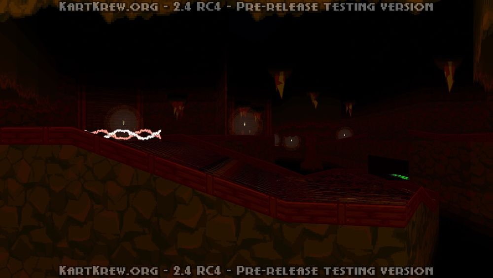 Dark ominous cave filled with stalactites and hanging lights, with a bridge shortcut around the tripwire shortcut
