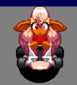 The front angle sprite of an overgrown elf (Shayla) sitting in a racing kart.