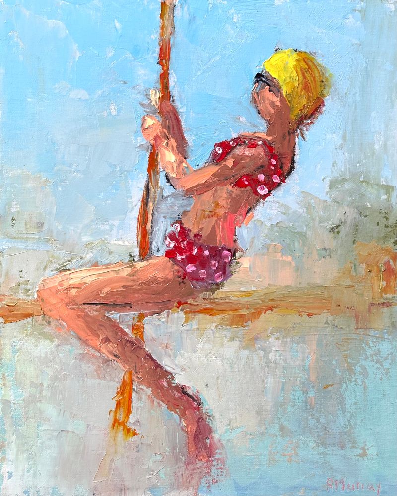 A whimsical figurative oil painting of a woman in a red bikini with a yellow swim cap swinging on a rope over the ocean. 

#oilpainting #canadianart #figurativeart #whimsicalpainting 