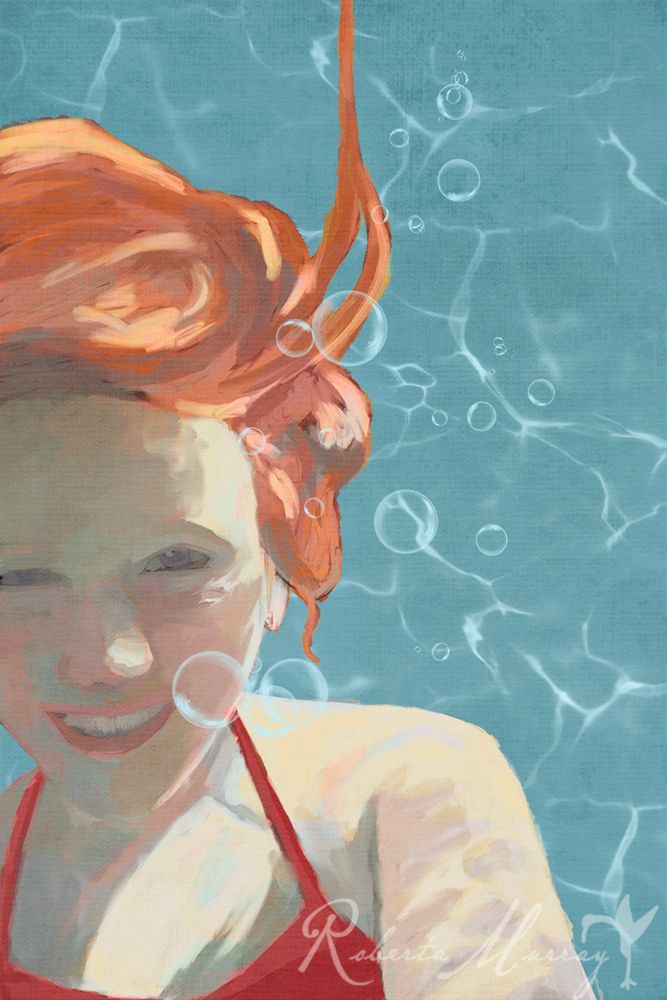 Digital illustration of a red head woman swimming underwater with red bathing suit and turquoise background. 

#limitededition #canadianart #illustration