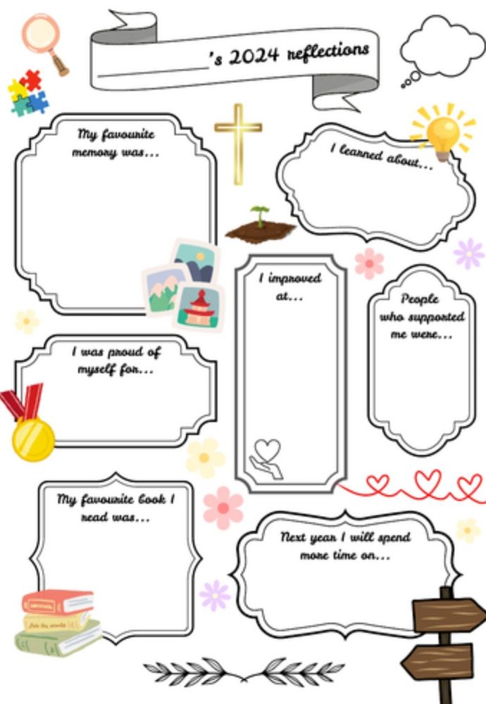 A worksheet with a series of frames that have reflection questions in, my favourite memory was, I learned about, I was proud of myself for, I improved at, people who supported me were, my favourite book I read was, and next year I will spend more time on.