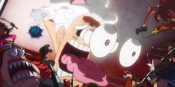 Luffy from One Piece in Gear 5. His eyes have popped out of his head like a cartoon character