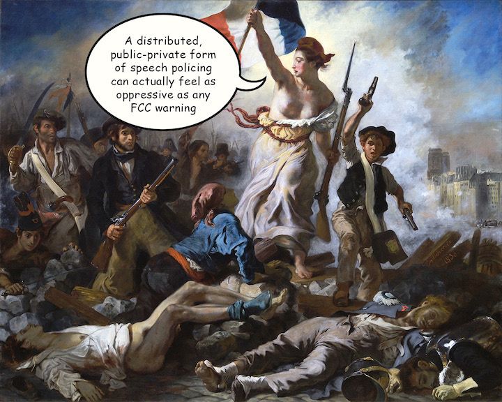 La Liberté guidant le peuple - Eugène Delacroix - Musée du Louvre with a speech balloon of La Liberté quoting Douthat