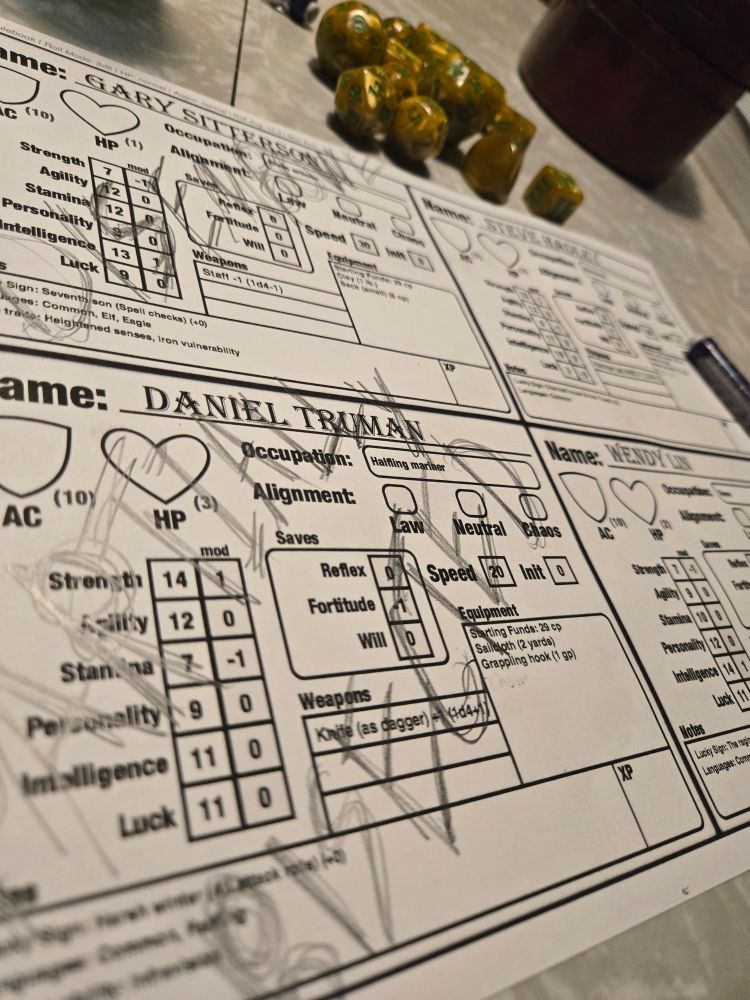 A 4-up DCC character sheet for 0-level characters. One has been disemboweled and another has been partially bisected. Two remain alive. 