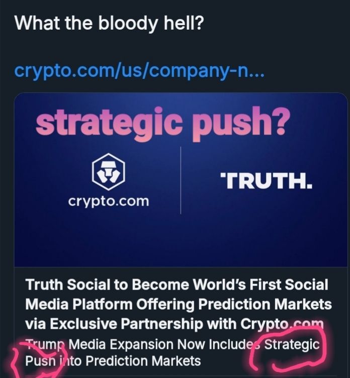 Post with the link to news on the corporate crypto-dot-com website about its partnership with the sitting us president to run a massive grift, countless rigged carnival game booths, & steal billions by opening a virtual casino for open gambling on everything from the price you pay per gallon for gas to the price of gold, affecting  global markets to american baseball, super bowl, & how many human beings are disappeared by the us government every day around the world.