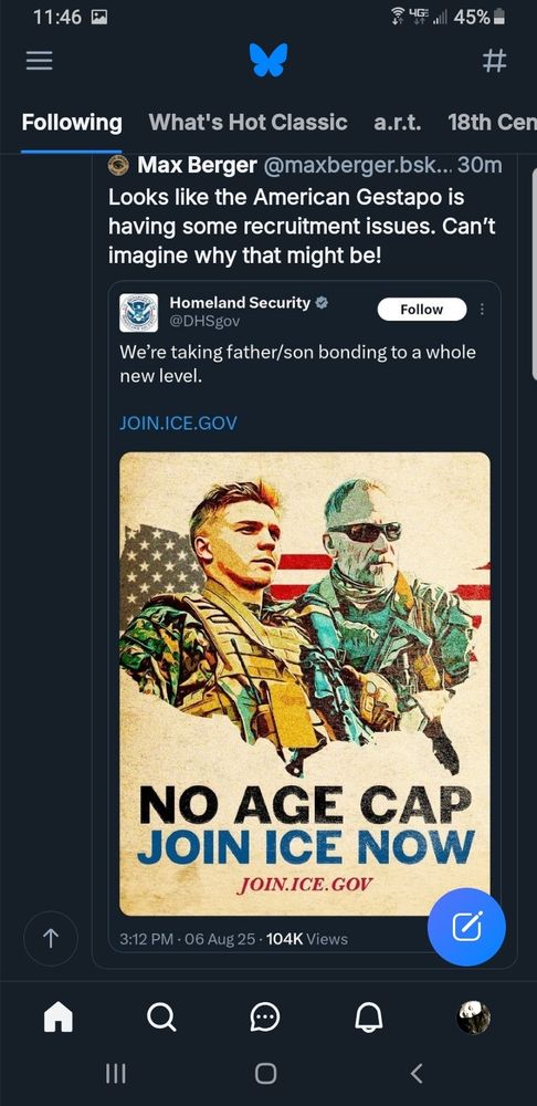 This is screenshot of the posted skeet from my feed showing the image which has no alt text. The post doesn't make sense if you have no way to interpret this disturbing image. Assuming it's not worth the time to take a moment and help provide followers with context is a person's right to choose. Whether it's a courtesy or whether you're too busy building engagement with a lot of comments, the choice to be inclusive will make a difference and it starts right here with your choice to take a moment and insert a bit of a AltText. Just so folks aren't left out. **Secret** is it's also so you don't become someone blind to the human dignity. Become an old, mean, nasty, bully. The images of DHS target exactly those people who forgot that being kind also allows them to feel the goodness of life with fellow humans and creation. Don't give up. Just don't forget to remember. It's so easy right now. Peace to you.