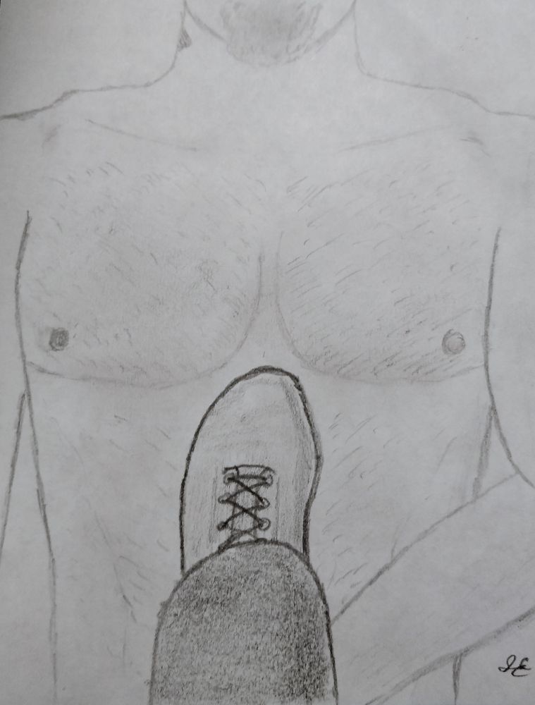 pencil sketch of Izzy Hands's torso from the POV of Ed, standing above him with his foot planted squarely in the middle. Izzy is gripping Ed's calf with one hand.