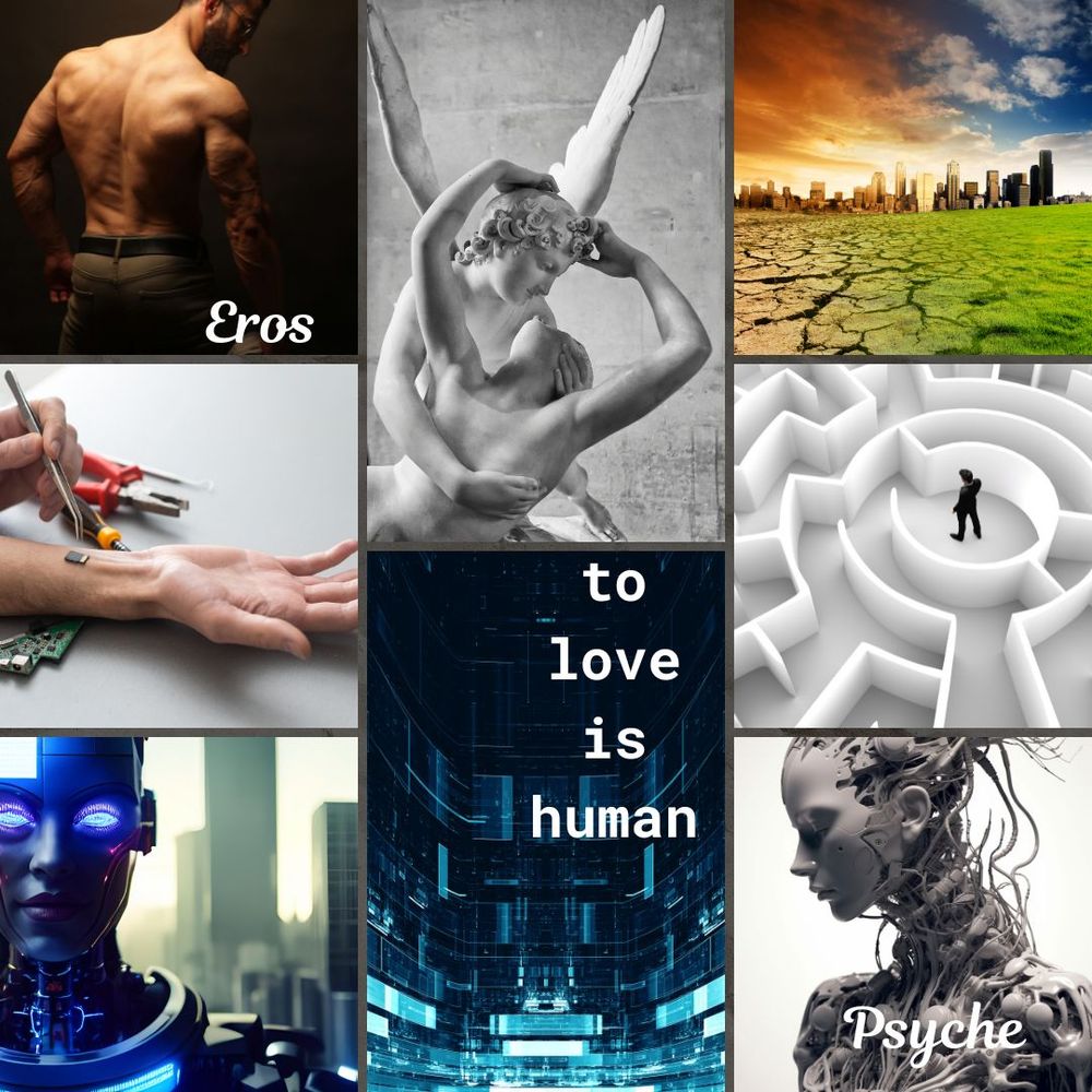 A man with a scarred back, Eros and Psyche statue, a decimated countryside outside a city, tech installed in someone's arm, a person in a labyrinth, a blue android, the phrase "to love is human" over a dark city, and a cyborg girl with the word "Psyche"