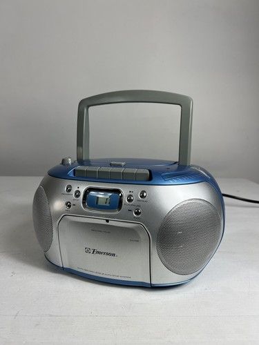 A blue, silver, and grey Emerson PD6517BL Boombox, manufactured in 2002/2003.