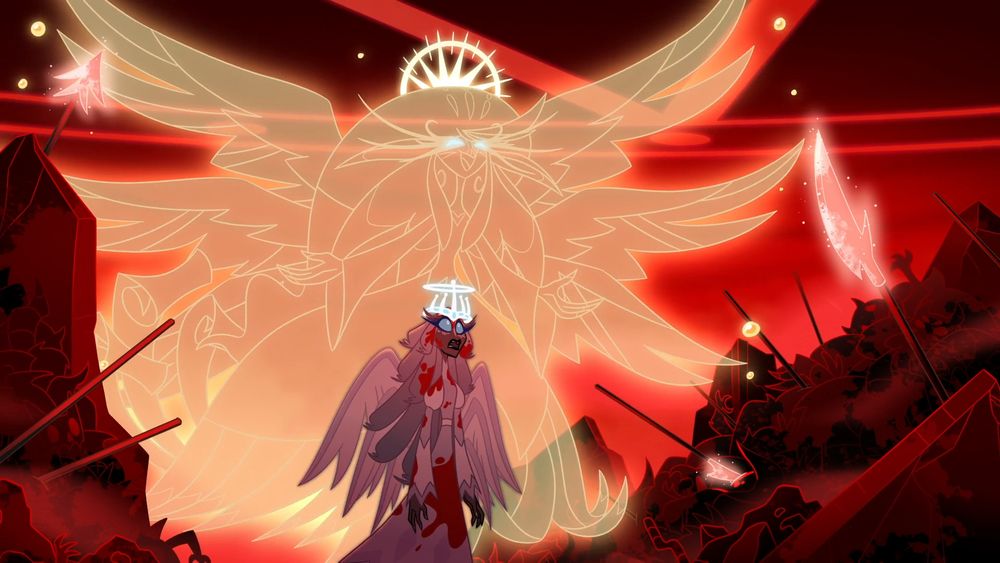 A screenshot from Hazbin Hotel Season S2E02.

The Speaker of God—depicted here behind a haunted and blood-soaked Sera as she walks a battlefield littered with slain Sinners—in a sort of spectral golden form. You can see nearly her full body in this shot.