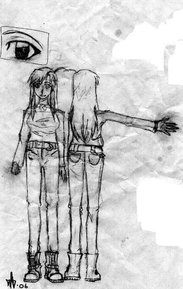 A badly-scanned, crunchy-looking, amateurish grayscale reference drawing of an old Fullmetal Alchemist OC, dated 2006. You can see where parts of the drawing were repeatedly erased, leaving torn up paper texture and old smears of graphite—especially around the hands, as one would expect. There are random bits of blocky white on the right side of the paper. (I think I had tried to clean up the dirty, crinkled paper texture but didn't know how?? Or maybe I was blocking out text. I really don't remember.) Her name was Catherine. She had long, muted blonde hair with choppy bangs, blue eyes, a blue off-shoulder shirt with long sleeves, white gloves, a silver chain with two dented and tarnished dog tags around her neck, and black leather belt, pants, and buckled boots. She was essentially just a colour and gender-swapped Edward Elric without the automail. Who he was also in love with, obviously. 