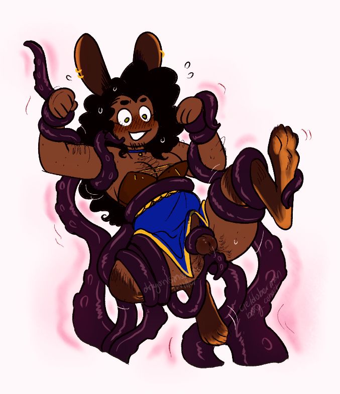 A very flustered yet enjoying it dark skinned rabbit person, Bell is at mercy of writhing black tentacles after a magic spell gone awry