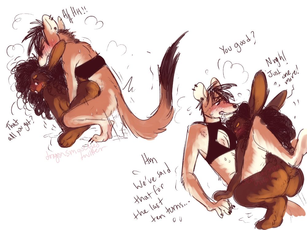 Mars in his summer coat is fucking Jasmine from behind, biting on her ear while Jas taunts. "That all you got?"

Next panel, the position have switched though Jasmine seems to be struggling. 
Mars "you good?"
Jasmine "Nngh! Just one more!"
Mars "Hm We've said that for the last ten turns..."