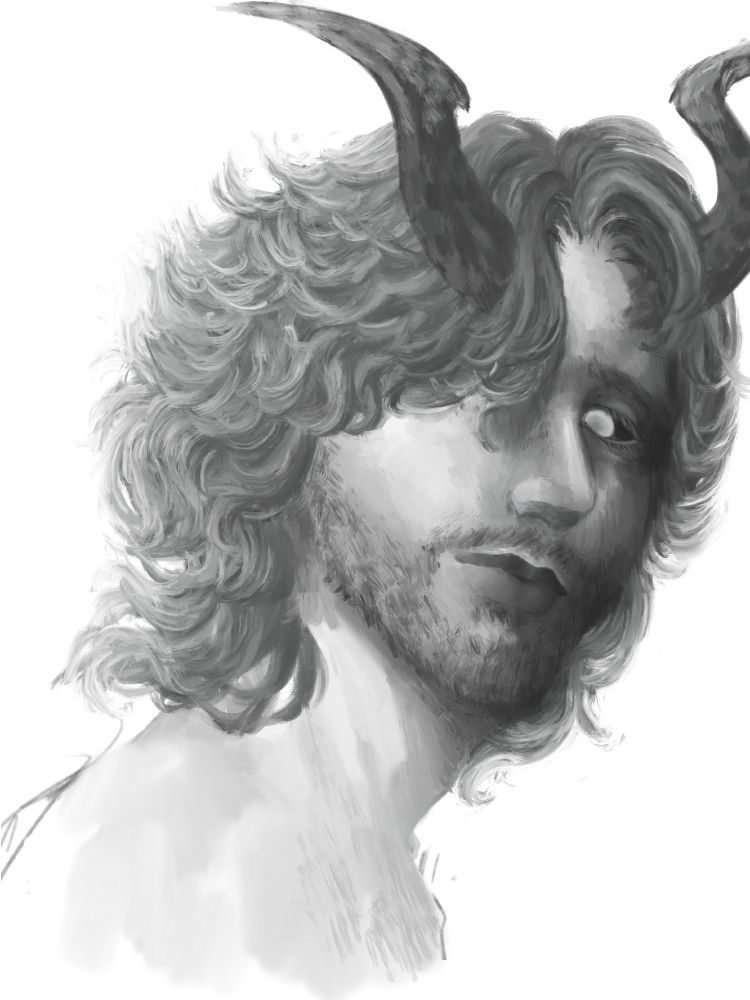 Black and white image of a tiefling with neck length hair, arched horns and a short rough beard. Head tilted back a bit, eyes looking down at the camera; expressionless and cold.