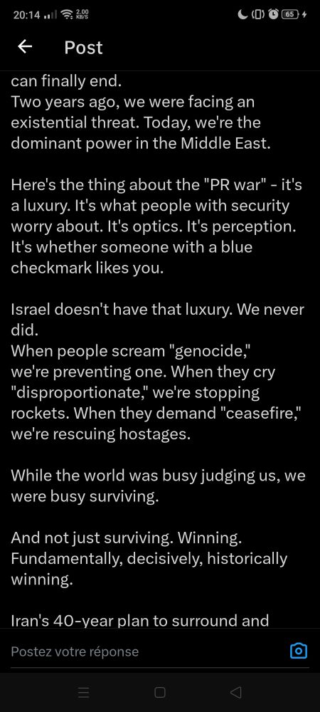 can finally end.
Two years ago, we were facing an existential threat. Today, we're the dominant power in the Middle East.

Here's the thing about the "PR war" - it's a luxury. It's what people with security worry about. It's optics. It's perception. It's whether someone with a blue checkmark likes you.

Israel doesn't have that luxury. We never did.
When people scream "genocide," we're preventing one. When they cry "disproportionate," we're stopping rockets. When they demand "ceasefire," we're rescuing hostages.

While the world was busy judging us, we were busy surviving.

And not just surviving. Winning. Fundamentally, decisively, historically winning.

Iran's 40-year plan to surround and
