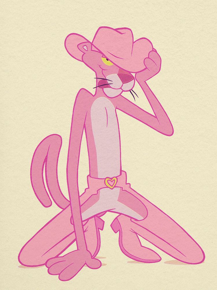 #furryart #furry

Pink Panther kneeling, wearing chaps and a cowboy hat. He looks up at you, licking his lips
