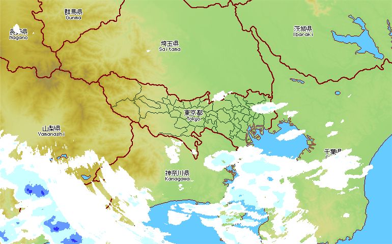 2025年 12月 20日 08時 15分 時点での東京都を中心とした雨模様の画像
