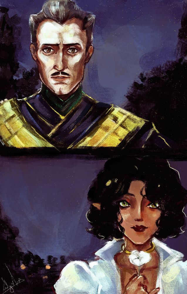 The art shows a middle-aged man looking lovingly at a curly-haired woman holding a white flower in her hand. She is looking with the love too