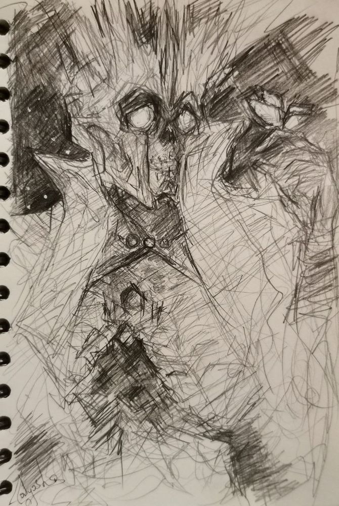 Pencil sketch of the skeleton (lich Emmrich) with the butterfly on his fingure