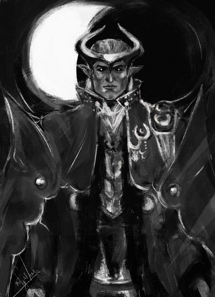 Black and white art of standing Elgar'nan. Behind him the solar eclipse begins