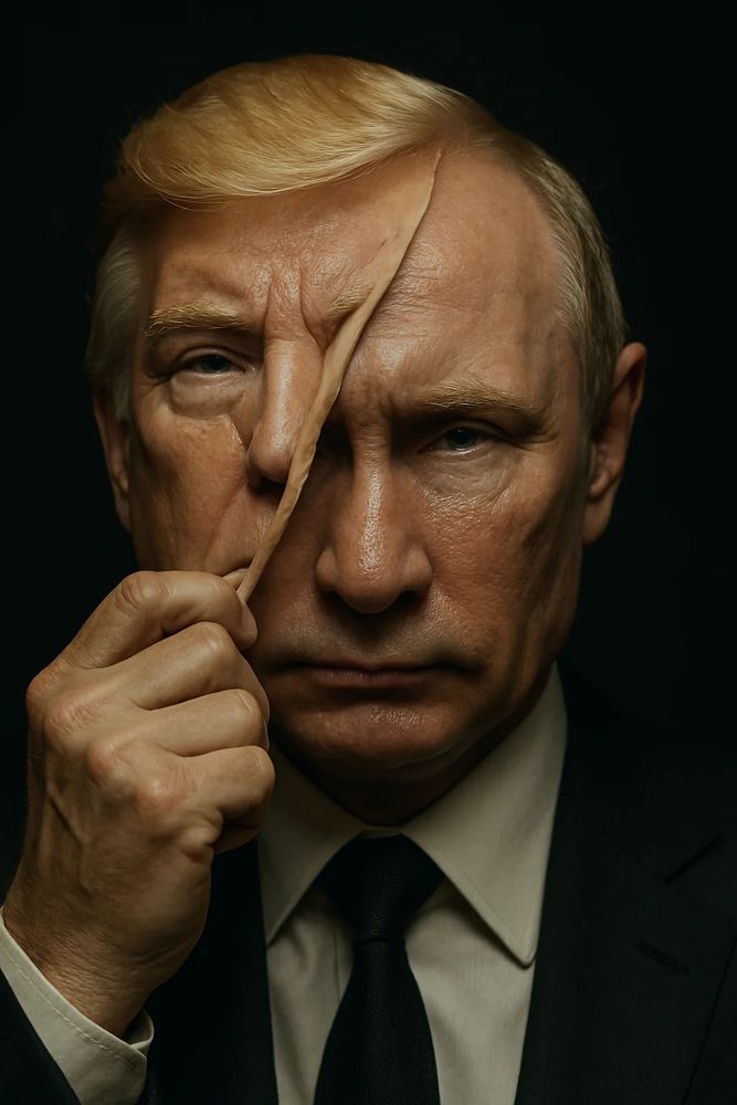 KI generiertes bild: Putin zieht sich eine Trumpmaske vom Kopf.