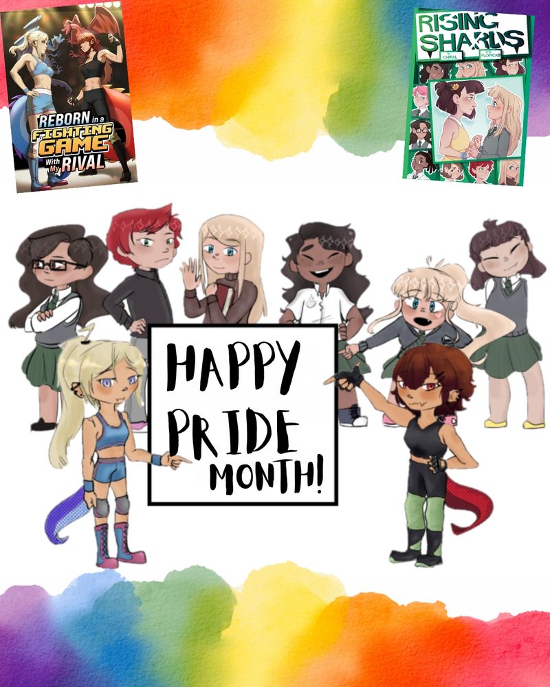 Image of various characters from Rising Shards and Reborn in a Fighting Game with My Rival celebrating Pride Month