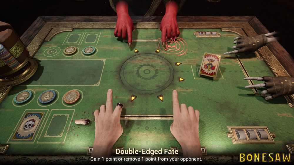 A game of Bonesaw: a tabletop game where you use your hands to compete against other players' hands.