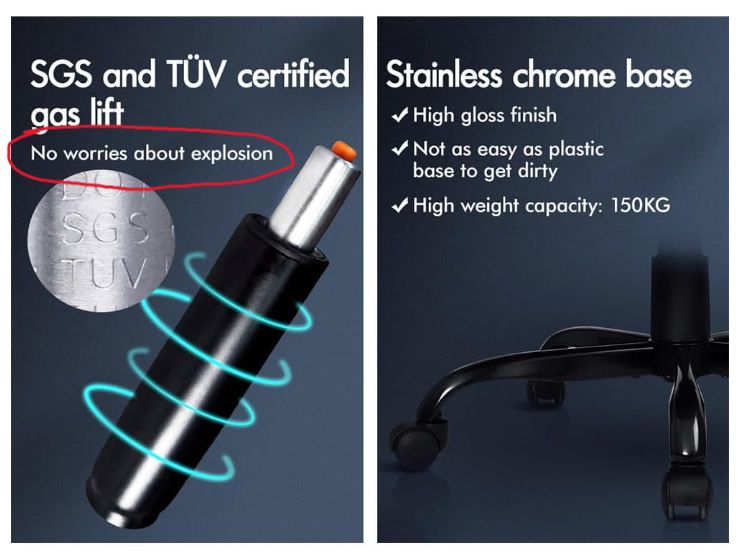 A product photo for an office chair with a close-up on the gas cylinder saying 'SGS and TUV certified gas lift. No worries about explosion'.