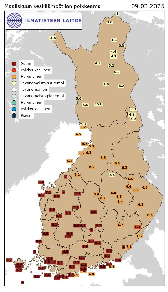 Map chart showing the month-to-date temperature anomaly in Finland, with colors indicating the percentile rank compared to historical climate. The entire western Finland shows "Suurin", meaning the warmest on record.