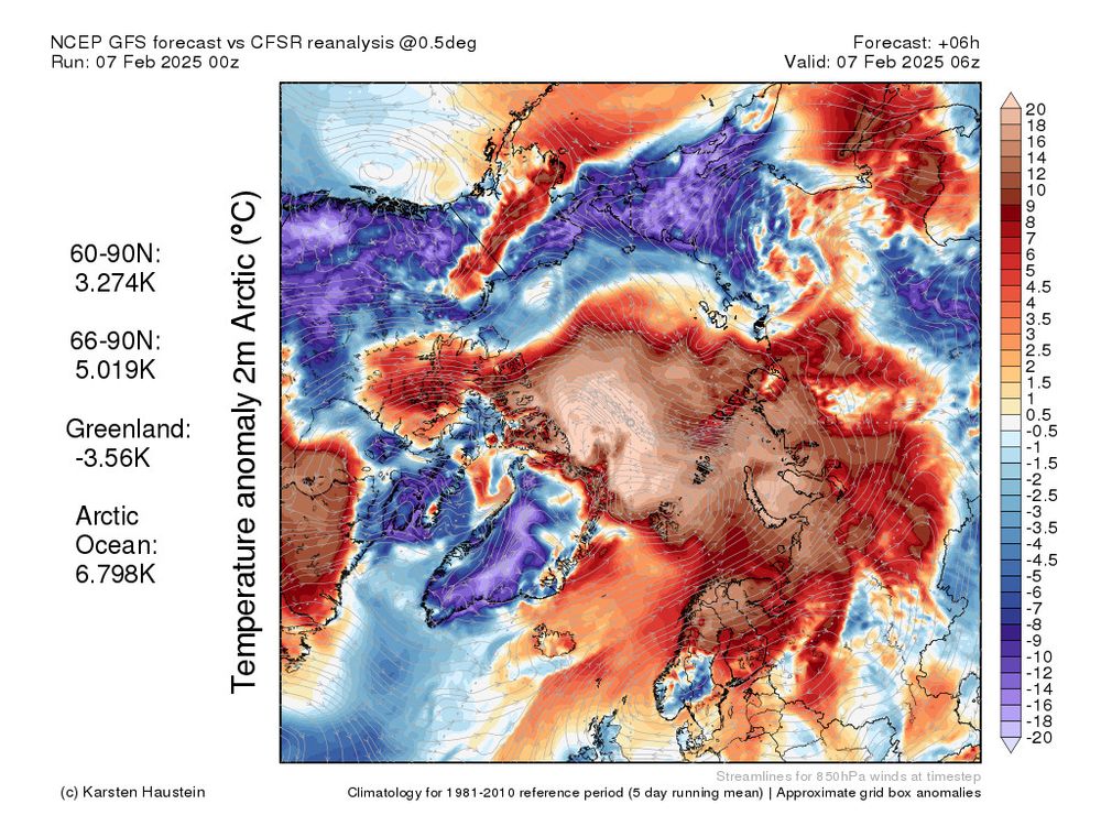 GFS forecast 2m temperature anomalies in the Arctic, valid on 06 UTC on 7 Feb 2025. 