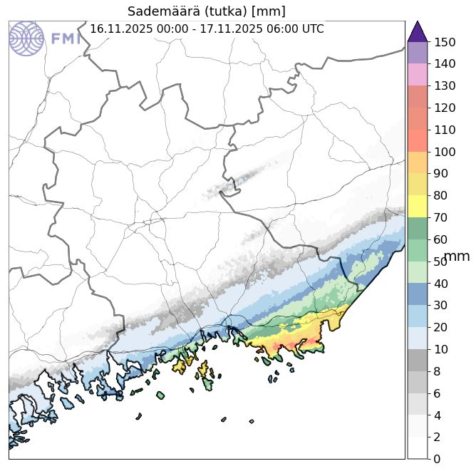 Rainfall totals in SE-Finland between 00 UTC 16.11. and 6 UTC 17.11. The highest amounts are > 100 mm. 