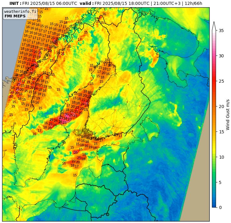 Wind gusts from MEPS forecast at 18 UTC on Fri 15 Aug.