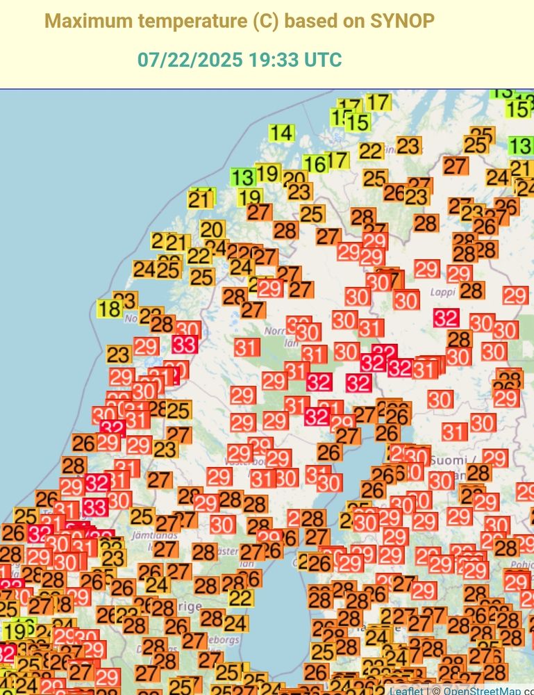 Map showing the maximum temperatures today in Fennoscandia based on Synop stations.