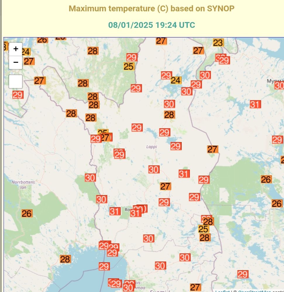 Maximum 2-m temperatures today in Lapland. The values are at the highest 30-31 degrees.