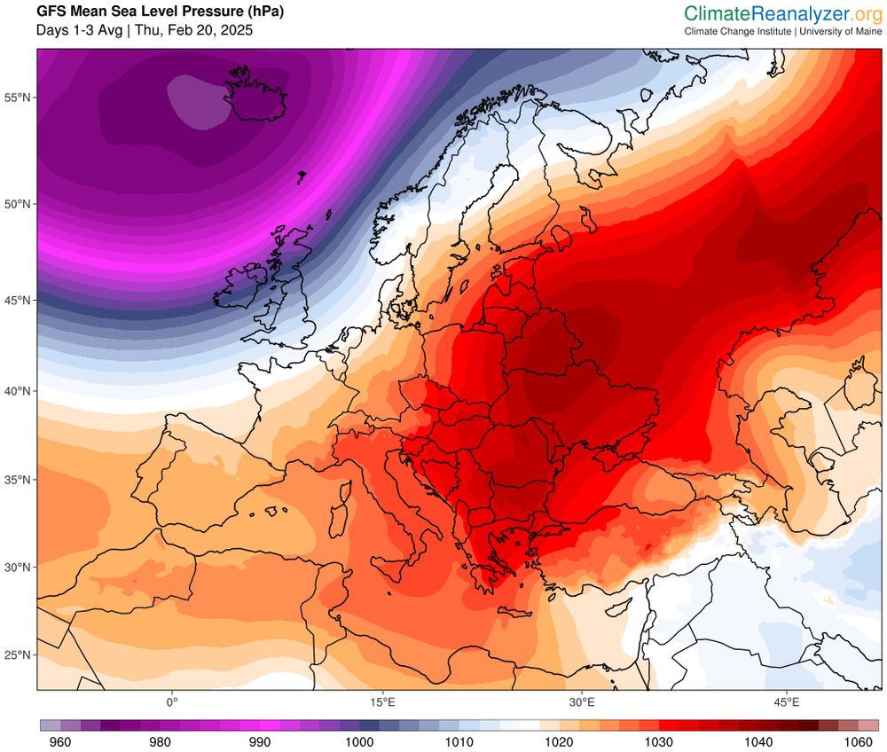 GFS forecast mean sea level pressure chart for Europe, averaged for the days 1-3.