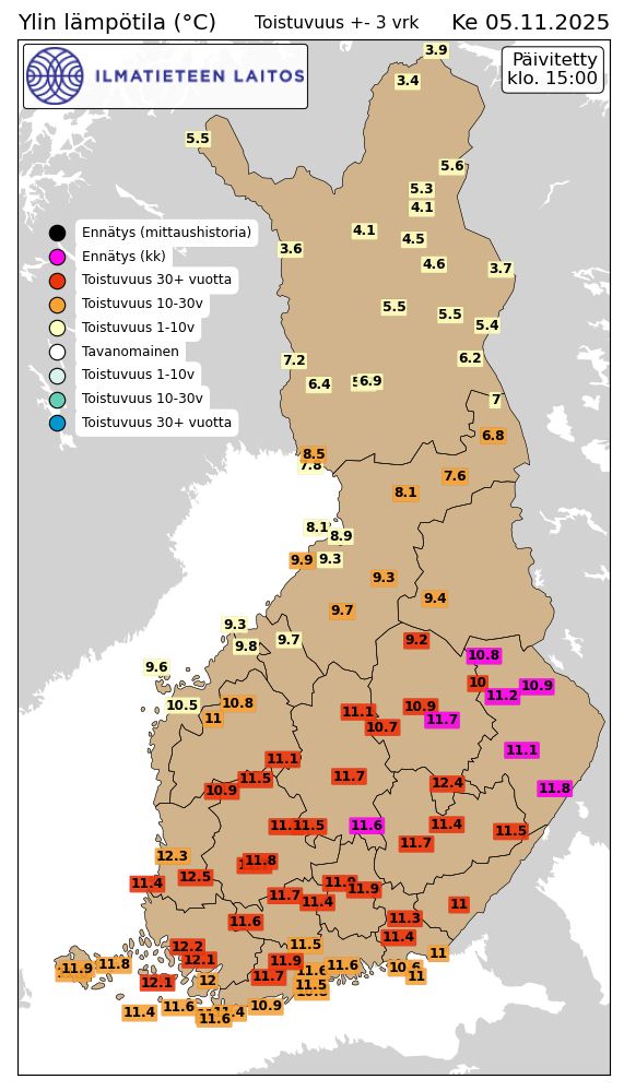 Maximum temperatures in Finland by 15.00 local time.