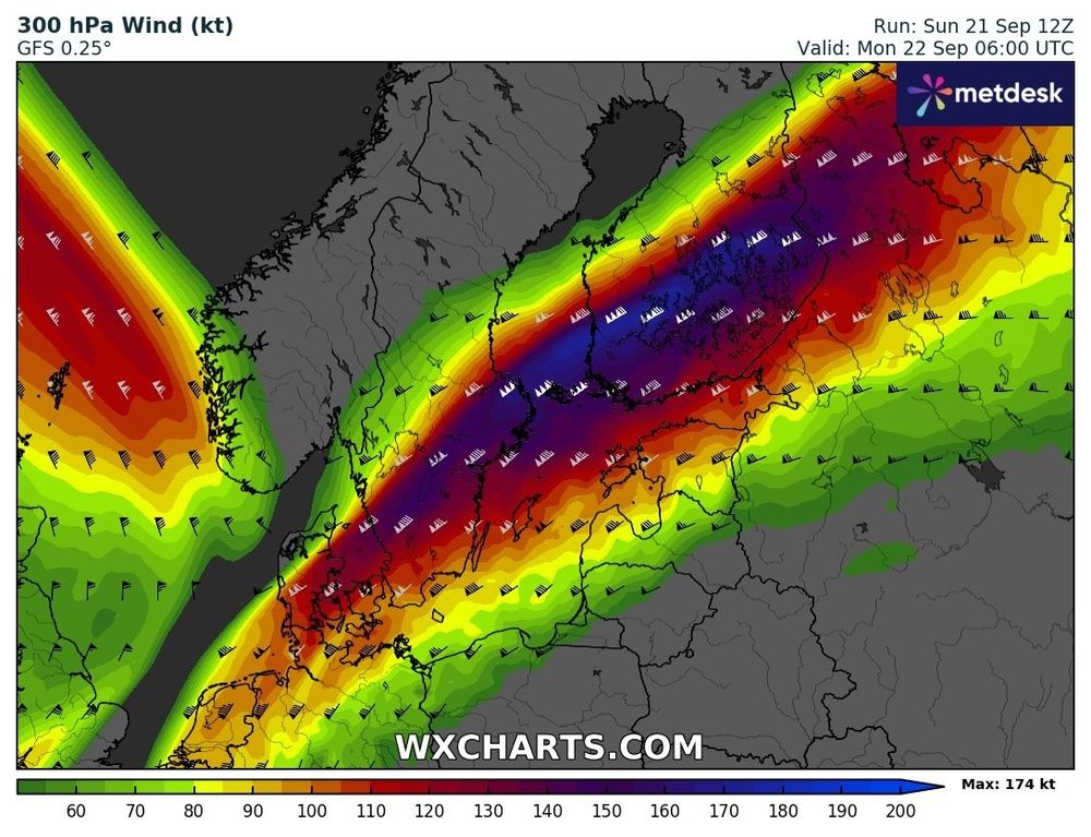 Forecast 300 hPa wind speeds from GFS model. 