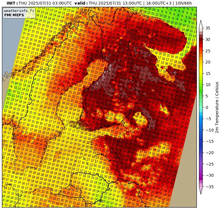 Forecast 2-m temperatures today in Finland, based on the MEPS regional model.