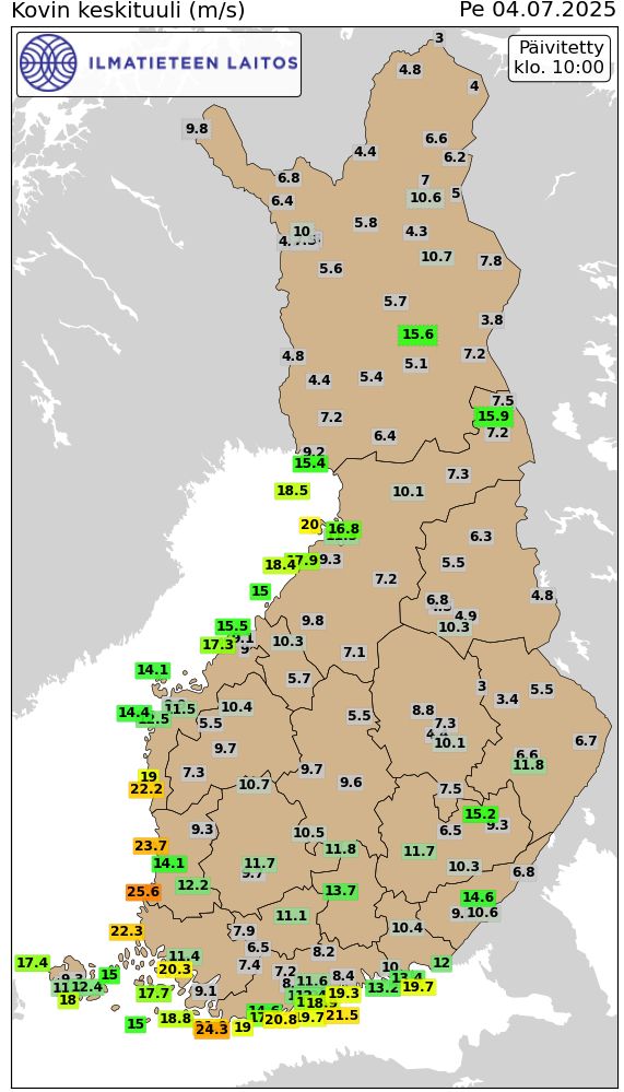Maximum 10-minute wind speeds in Finland on Friday 4 July, at 00-10 local time.