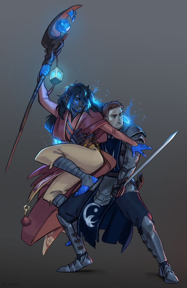 digital illustration by remarin, a paladin in half-plat armour and chainmail with blue and silver colour accents in a battle-ready stance, with a half-elf-genasi in orange robes is suspended in a battle ready stance (with support from paladin)