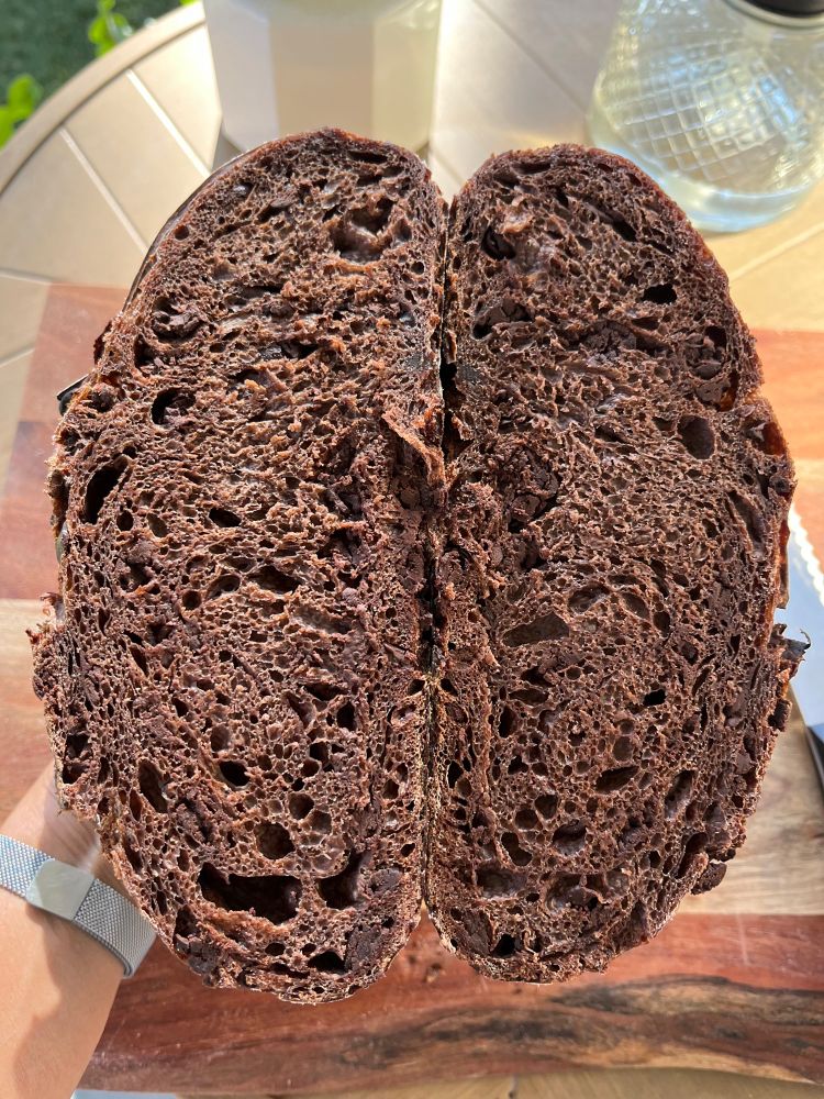 Inside cut of a chocolate sourdough to show the crumb