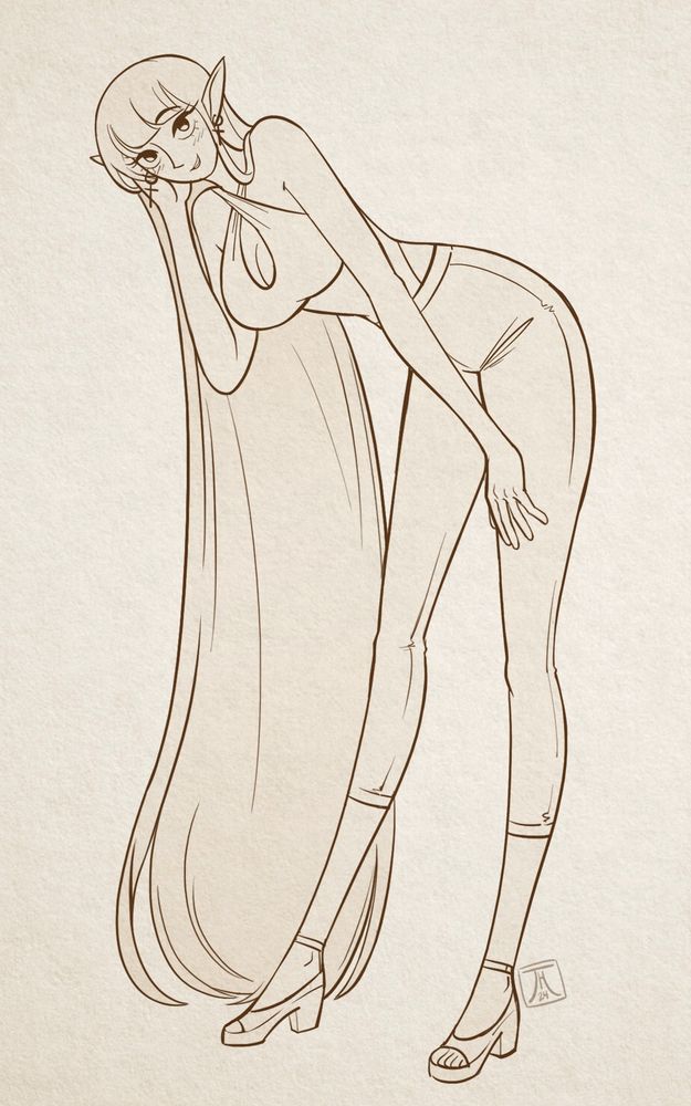 A tall women leans down and smiles at the viewer. She has long hair down to her ankles, pointed elven ears, and wears modern clothes.