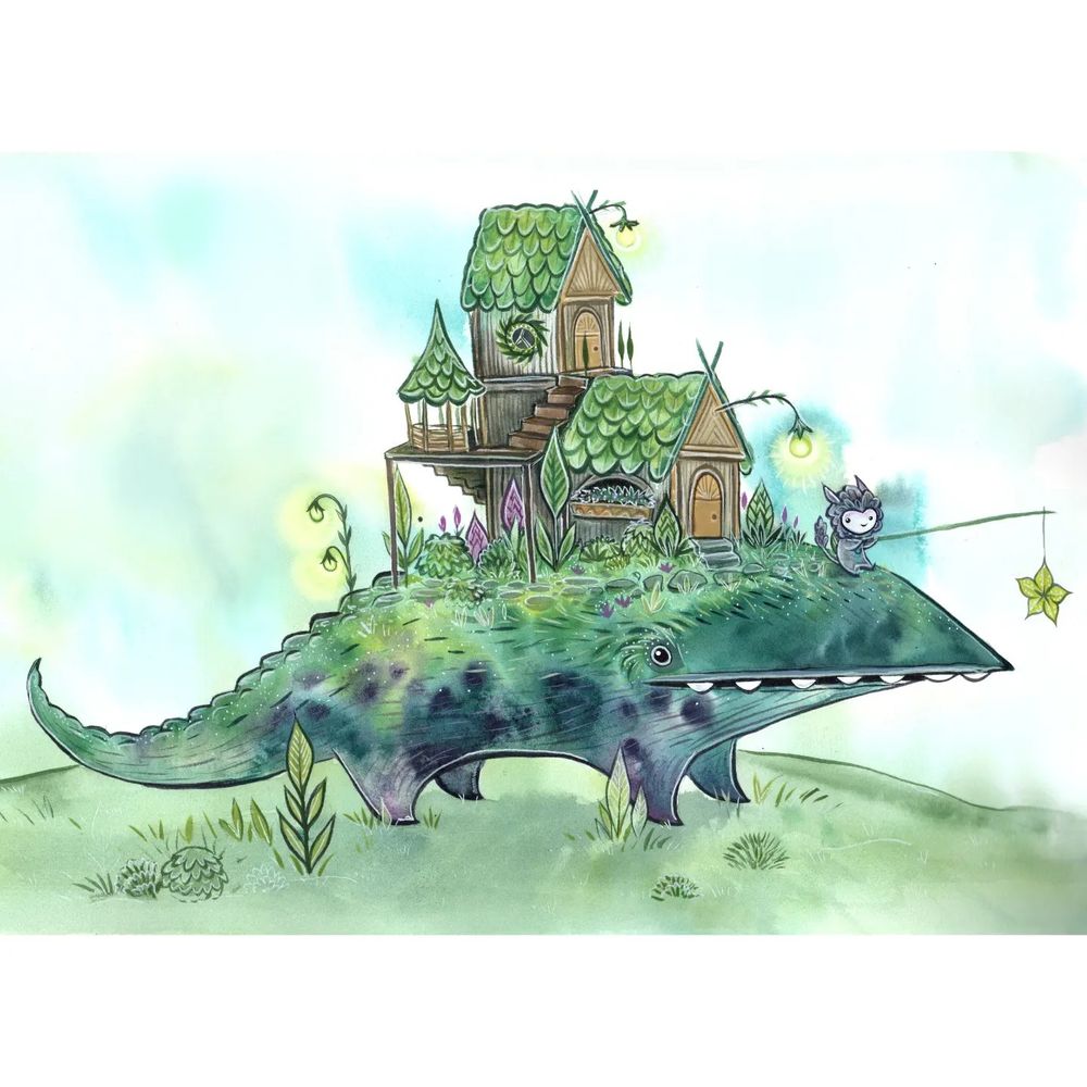 A whimsical watercolor illustration of a big lumbering beast carrying a little guy and his home on his back. The little one is luring him along with a piece of fruit. 