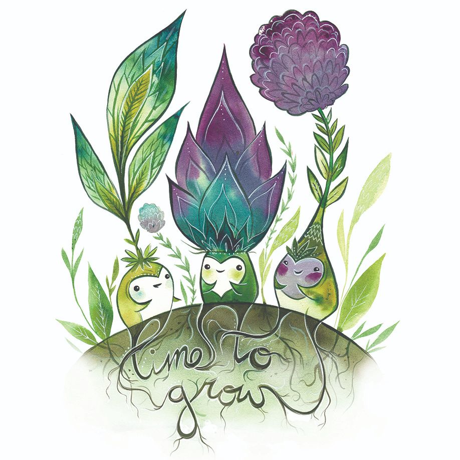 Three Cute little sprouting plant creatures growing together. Their entangled roots spell out time to grow