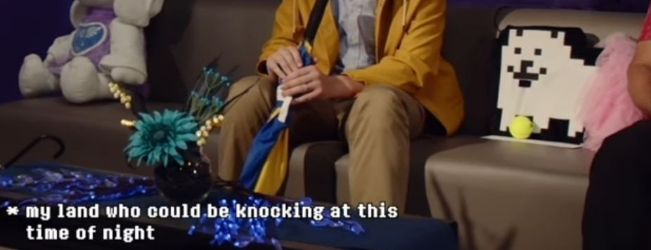 toby fox during the undertale 10th anniversary stream giving an out-of-pocket direct quote from ness' mother in the intro segment of earthbound 
"•My land! Who could be knocking at the door this time of night?
•Would you answer it?"