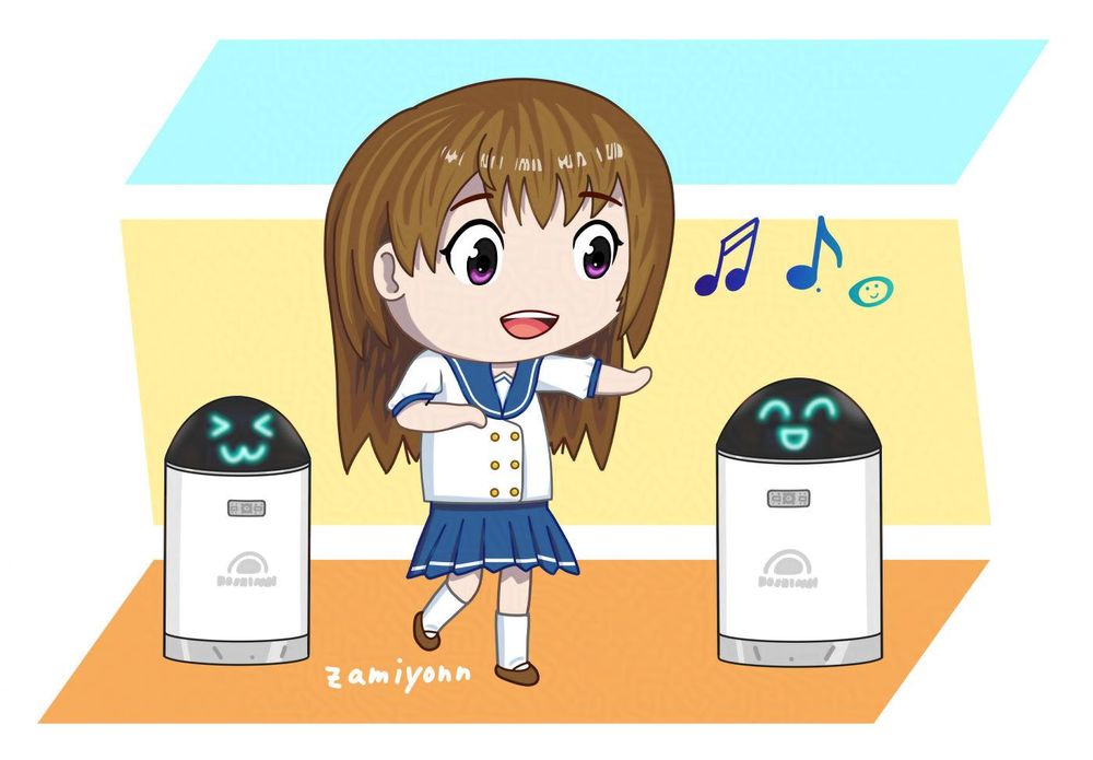 A chibi version of Shion (the main character of the movie) extends her arms and sings, with notes flying in the air. Next to her are two robots listing with happy expressions. They have the size of larger trash cans, and are cylinders with black half-spheres. On the dark surface you can see their expressions in the form of glowing emoticons.