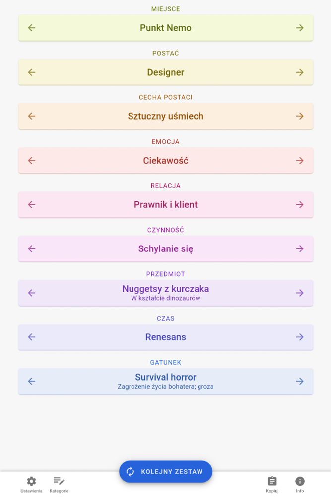 Main screen of Inspiration Depot web app. The core content shows improv scene inspirations divided into nine categories, ranging from locations, characters, traits, emotions, relations, to actions, objects, times and genres.
