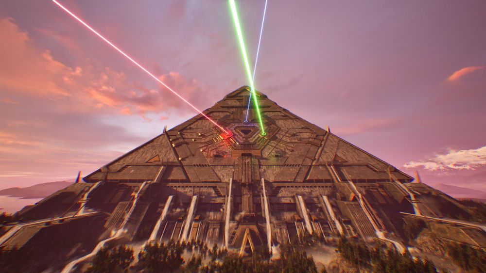Screenshot from Talos Principle 2, focusing on a giant pyramid building. Three lasers aimed at the receivers have opened a triangular door on the side of the pyramid.