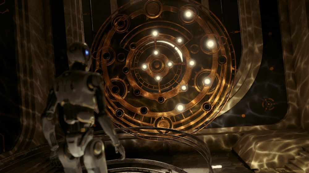 The main character of Talos Principle 2 is looking at a giant golden plate with multiple dots in it. Some dots are lit up, signifying stars collected throughout the game so far.